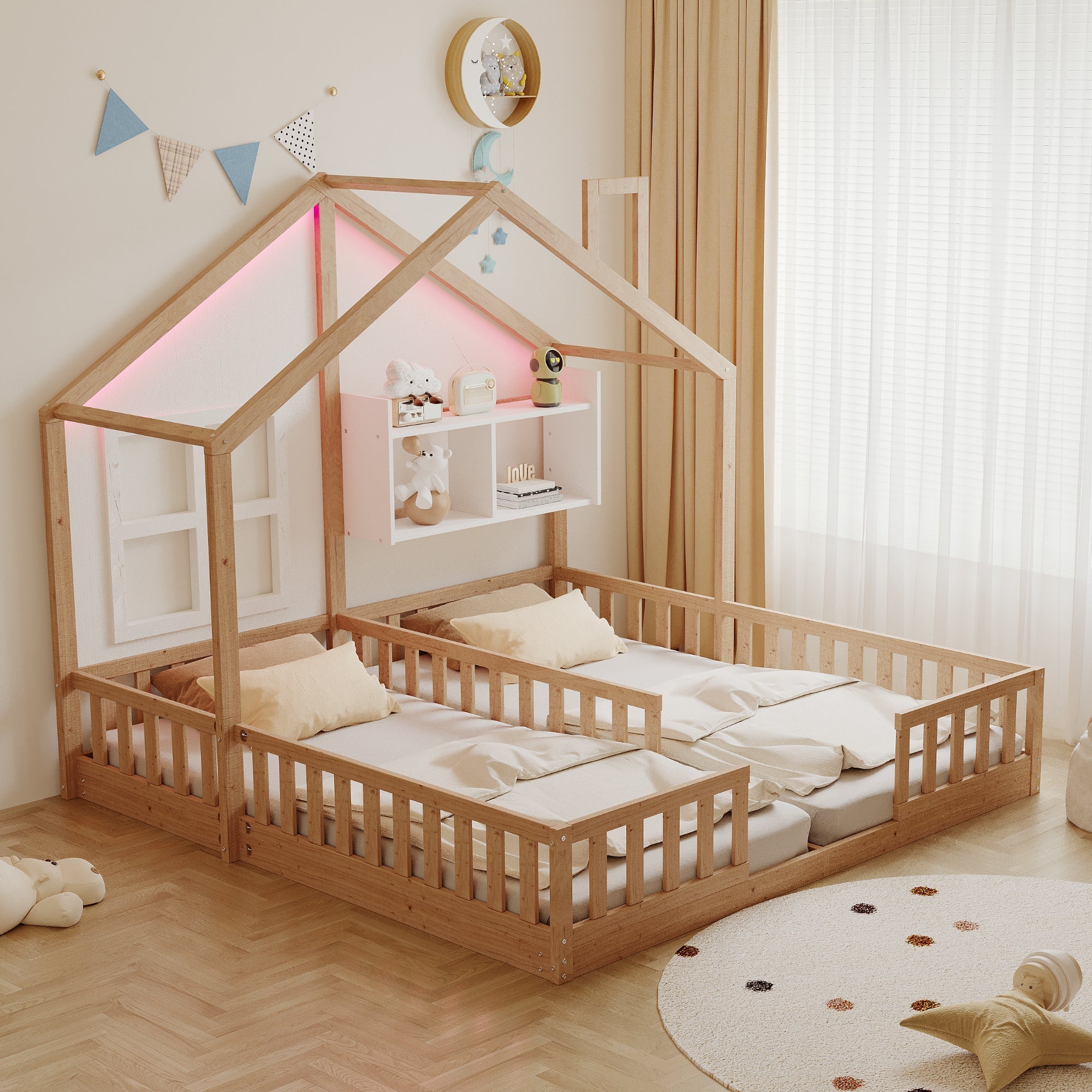 Wooden House Bed 90x200cm Freestanding LED Storage Shelves Wood Color