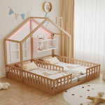 Wooden House Bed 90x200cm Freestanding LED Storage Shelves Wood Color