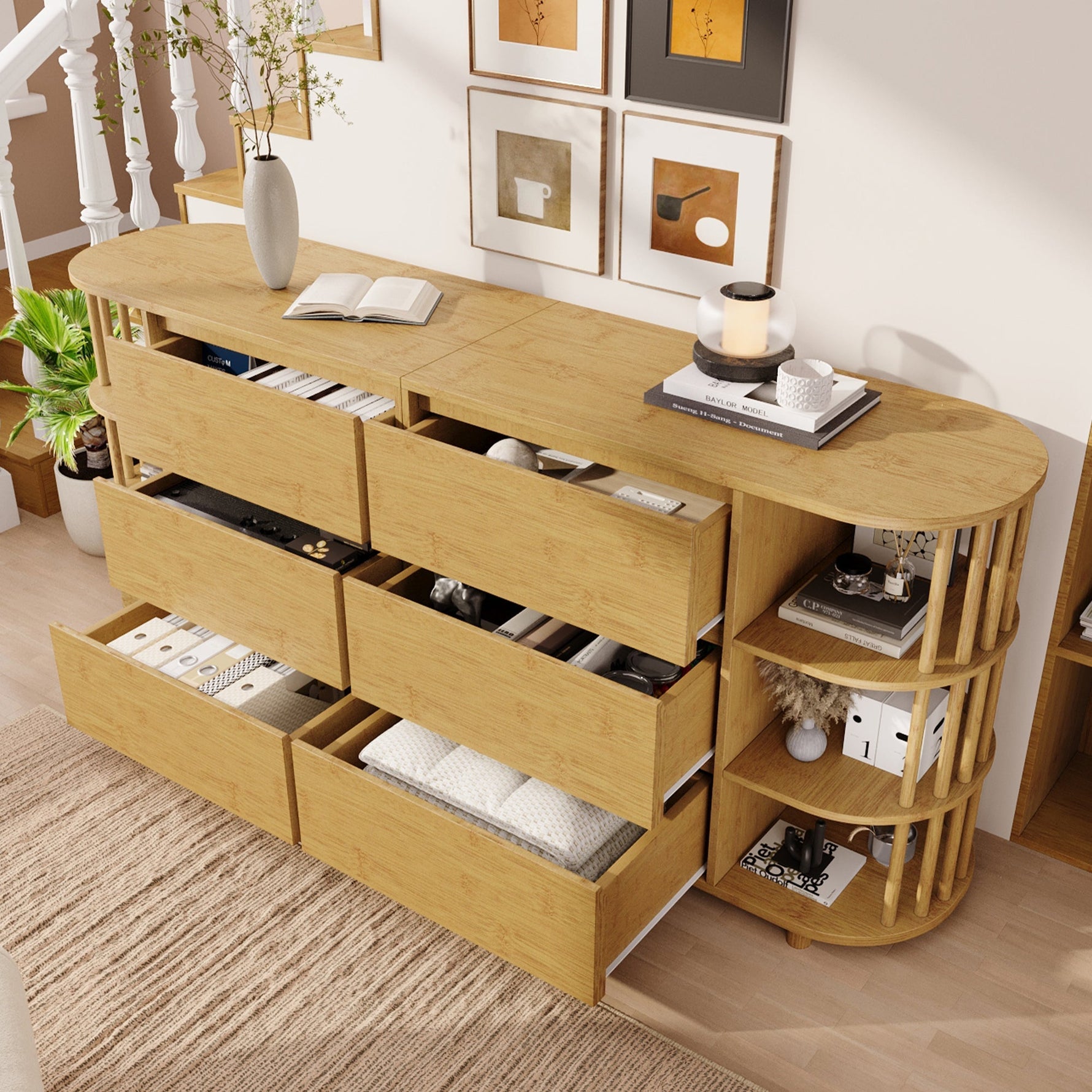 Sideboard 160cm Roman Design Bamboo Shelves 6 Drawers Oak