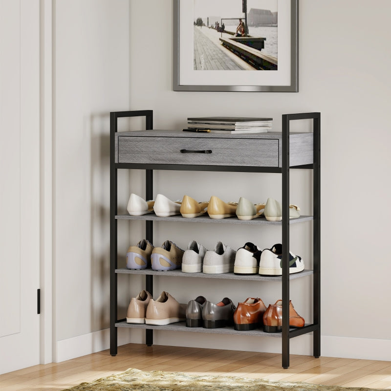 Shoe Rack 4-Tier, 9 Pairs, Chipboard Metal, Grey