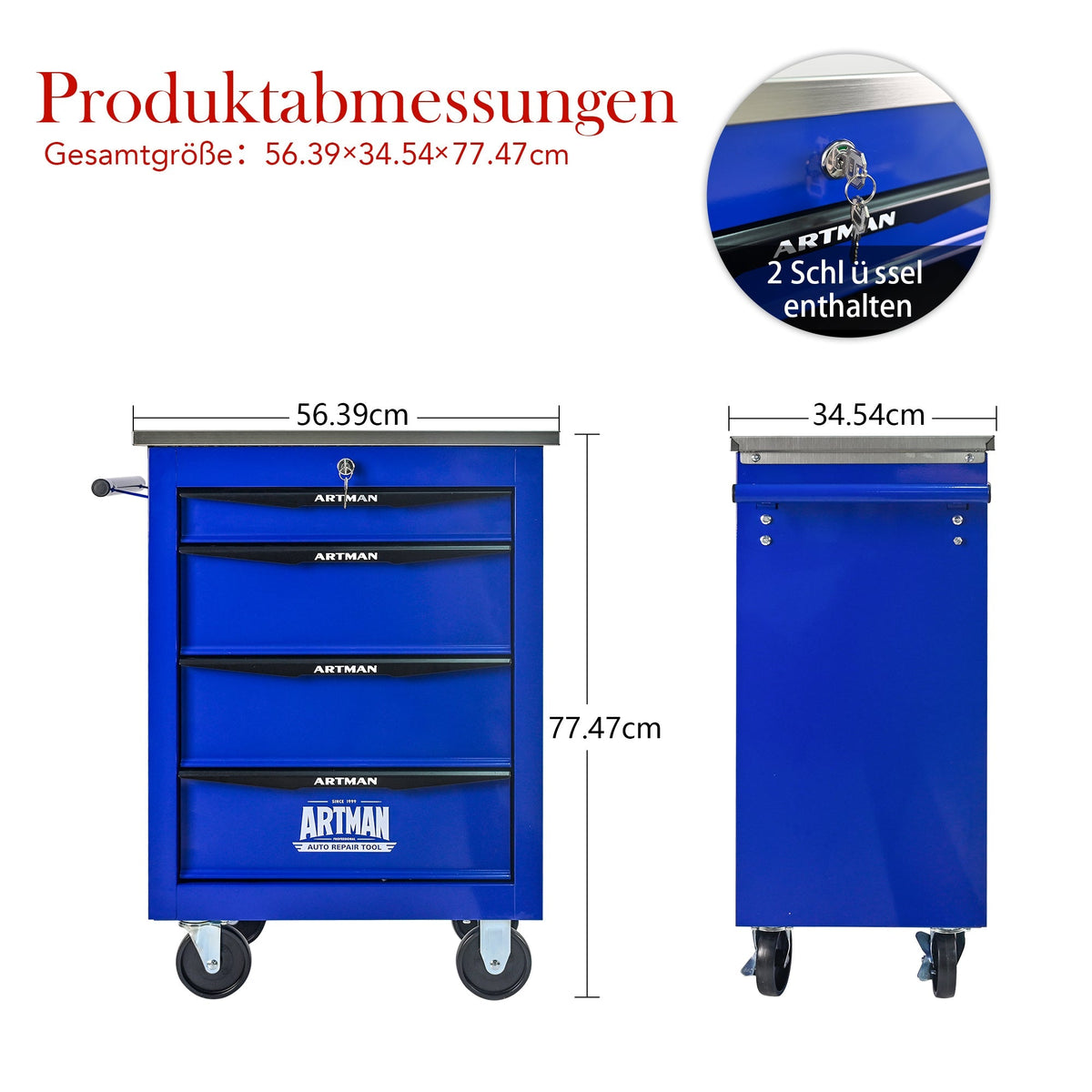4-Drawer Tool Trolley, Multifunctional Rolling Storage, Metal, Black & Blue