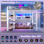 Loft Bed with Storage, LED Light and Clothes Rail, 140 x 200 cm, White Iron Frame