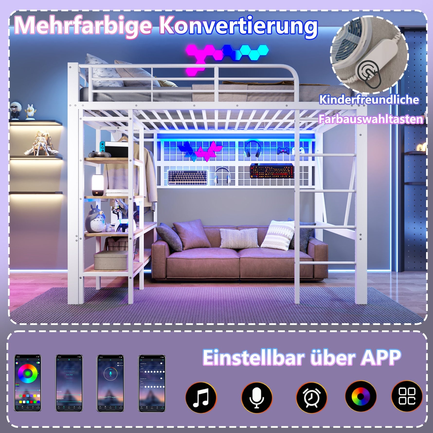 Loft Bed with Storage, LED Light and Clothes Rail, 140 x 200 cm, White Iron Frame