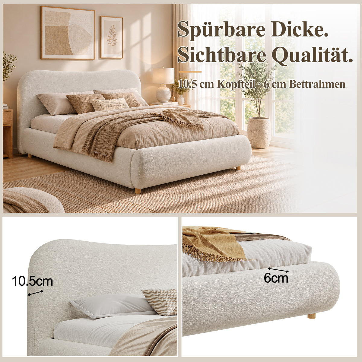 Upholstered Double Bed 180x200cm with Storage, White Bouclé