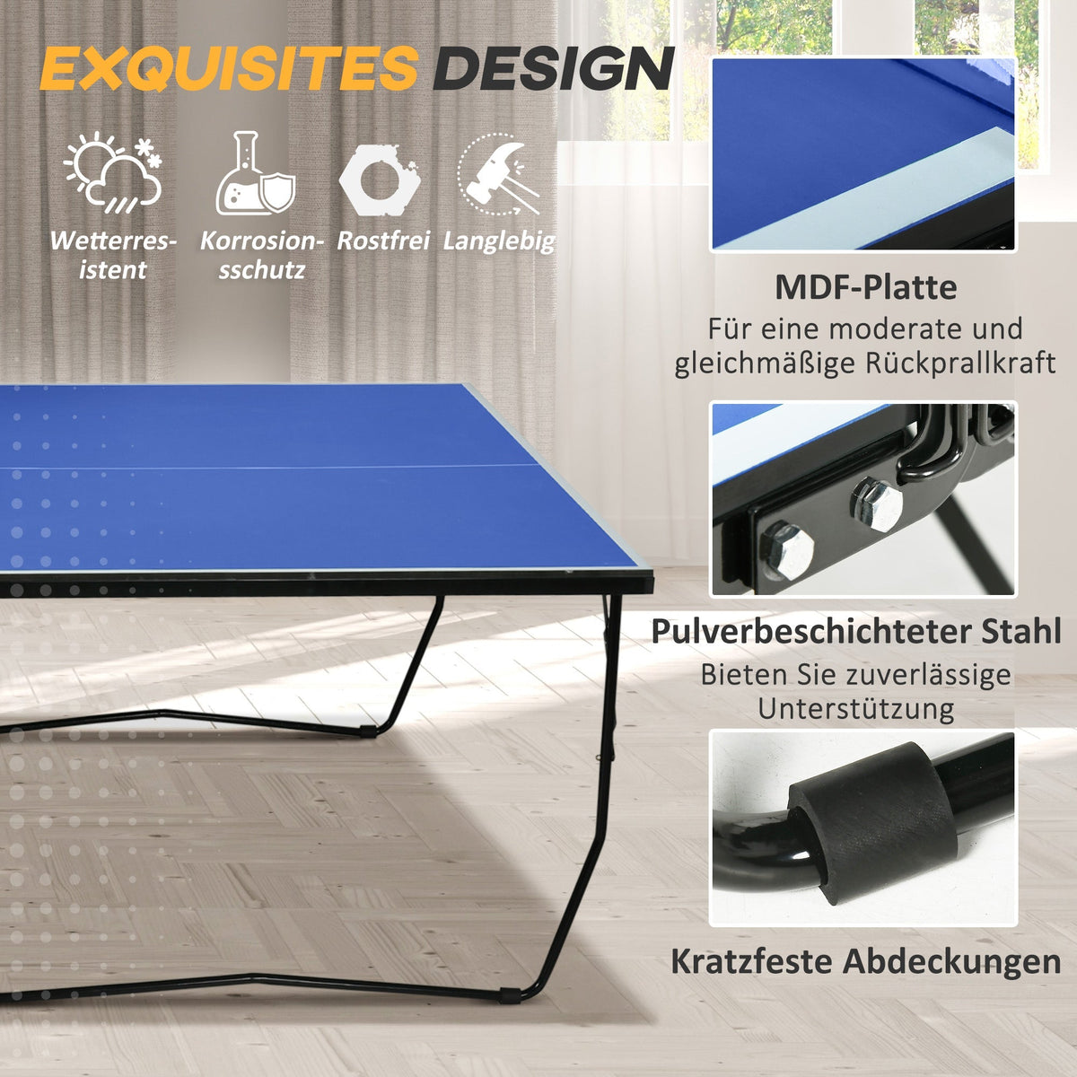 Table Tennis Table, Foldable with Net, Wheels, Steel, Blue