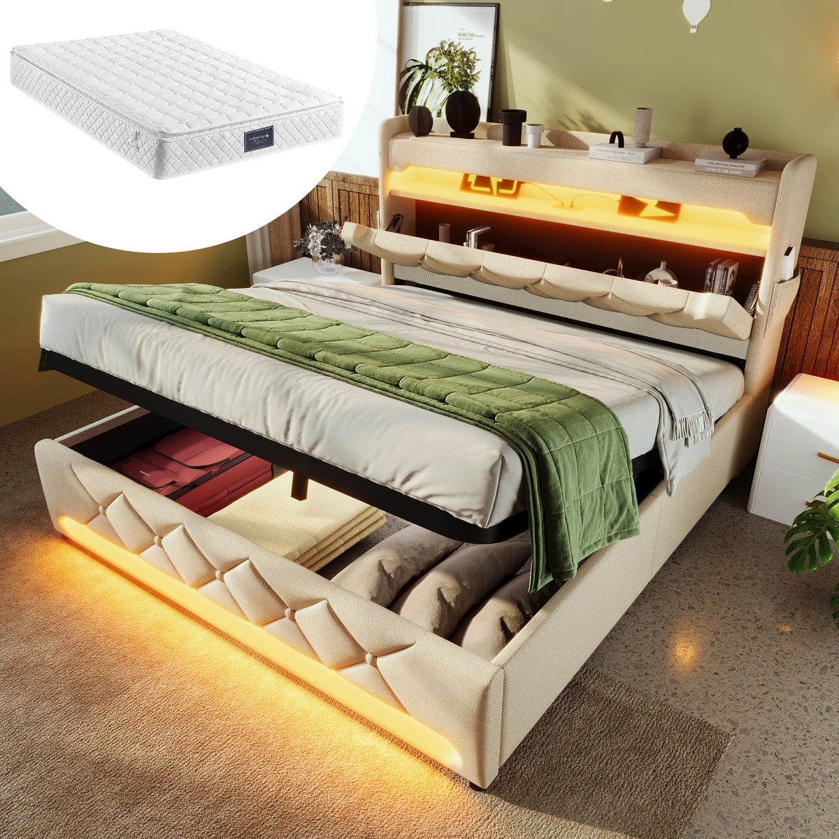 Upholstered Double Bed 140x200, Storage Headboard with USB & Type-C, LED, Hydraulic Storage, Beige Linen
