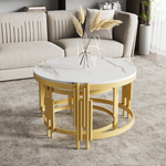 Modular Coffee Table Set, Round Golden Metal Frame, Marble Look