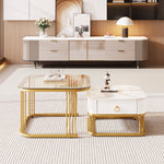 Stackable Coffee Table: High-Gloss Marble, Tea-Brown Glass, Gold Accents, Two-Piece Set