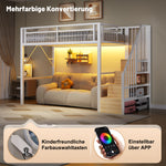 Loft Bed 90x200cm with LED & Storage Staircase - White Iron Frame