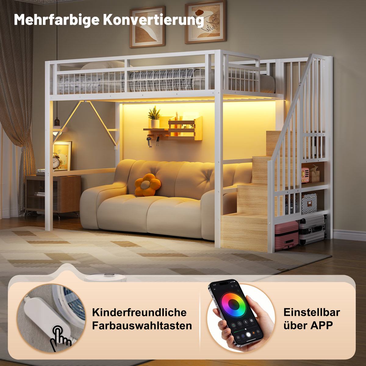 Loft Bed 90x200cm with LED & Storage Staircase - White Iron Frame