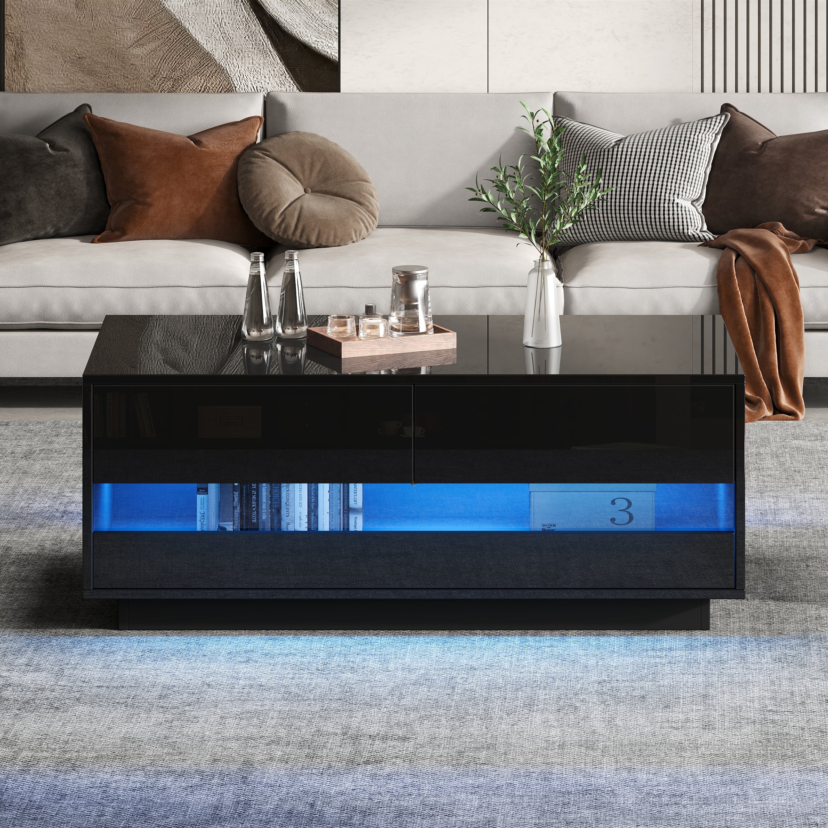 Coffee Table with 2 Drawers, Bluetooth LED Light Bar, Tempered Glass, Black