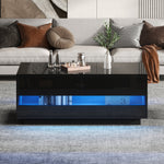 Coffee Table with 2 Drawers, Bluetooth LED Light Bar, Tempered Glass, Black