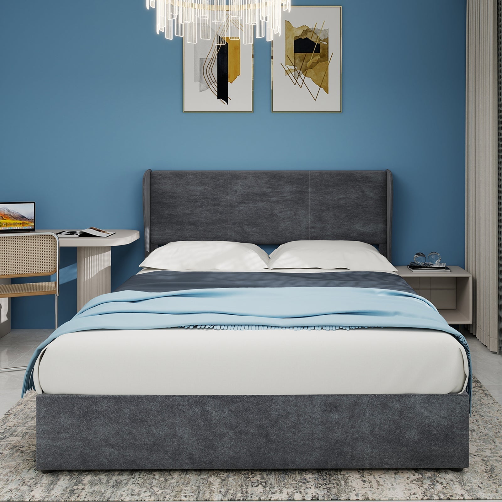 Modern Minimalist Upholstered Bed, 160x200 cm, High-Profile Storage with Gas Lift, Grey