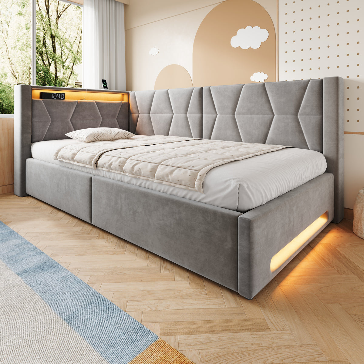 Upholstered Bed 90x200 cm with Storage & LED, Grey Velvet