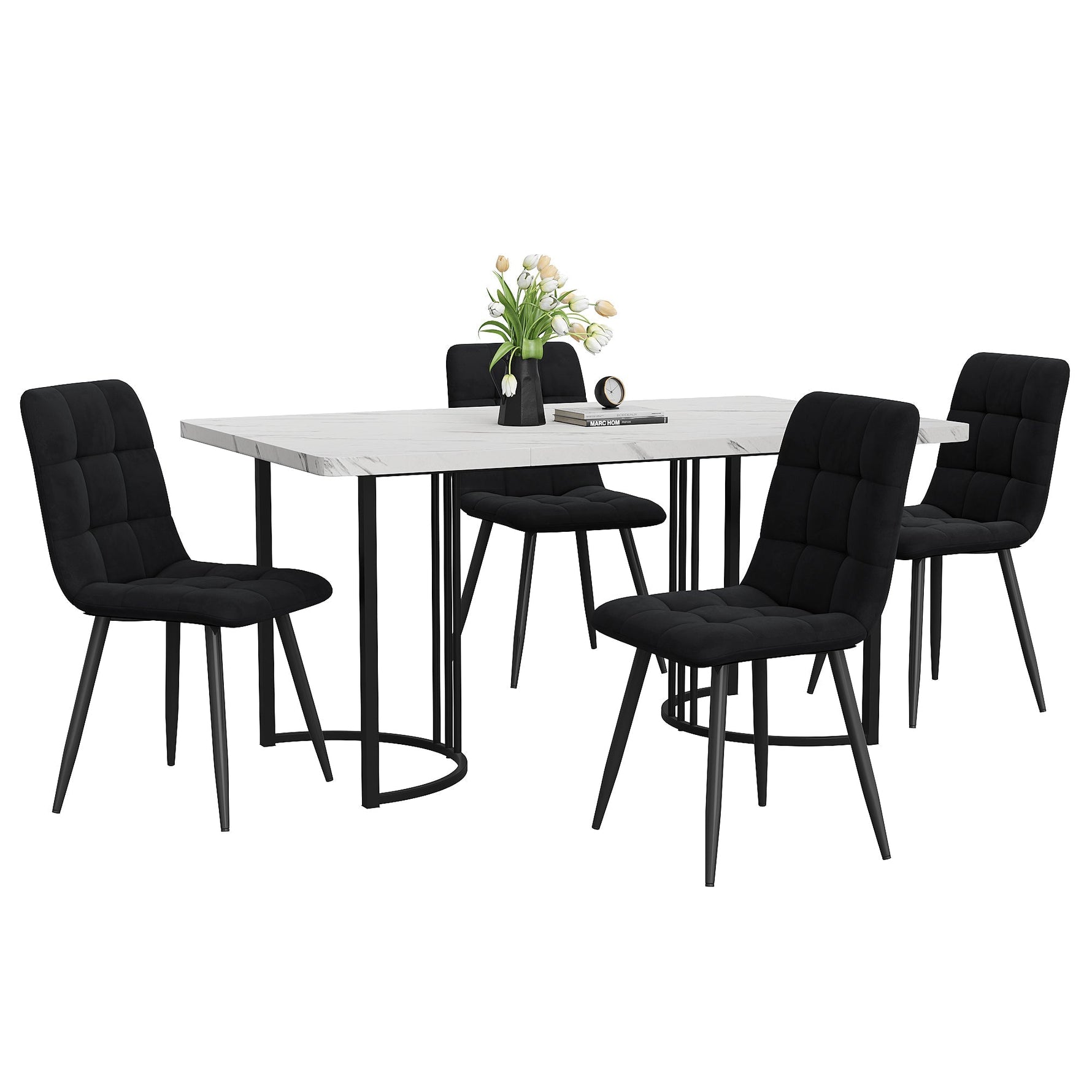 5-Piece Dining Set Modern 140x80cm Black Metal Legs White MDF/Black Velvet