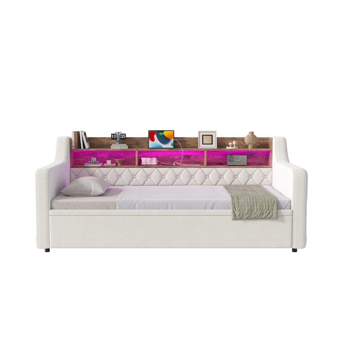 Sofa Bed 90x190cm with Trundle, Storage & LED, Beige Velvet