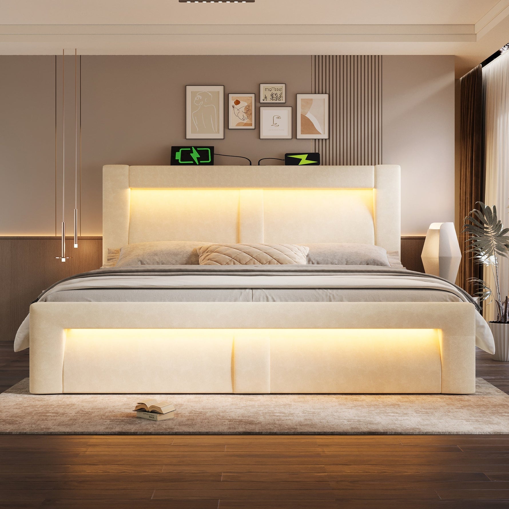 Double Bed with Hydraulic Storage, LED Lighting and Charging Ports, Beige Velvet
