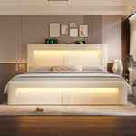 Double Bed 180x200cm Hydraulic Storage LED USB Charging Curved Headboard Beige Velvet