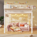 Loft Bed 140x200cm with Storage Compartments, Metal Frame, White