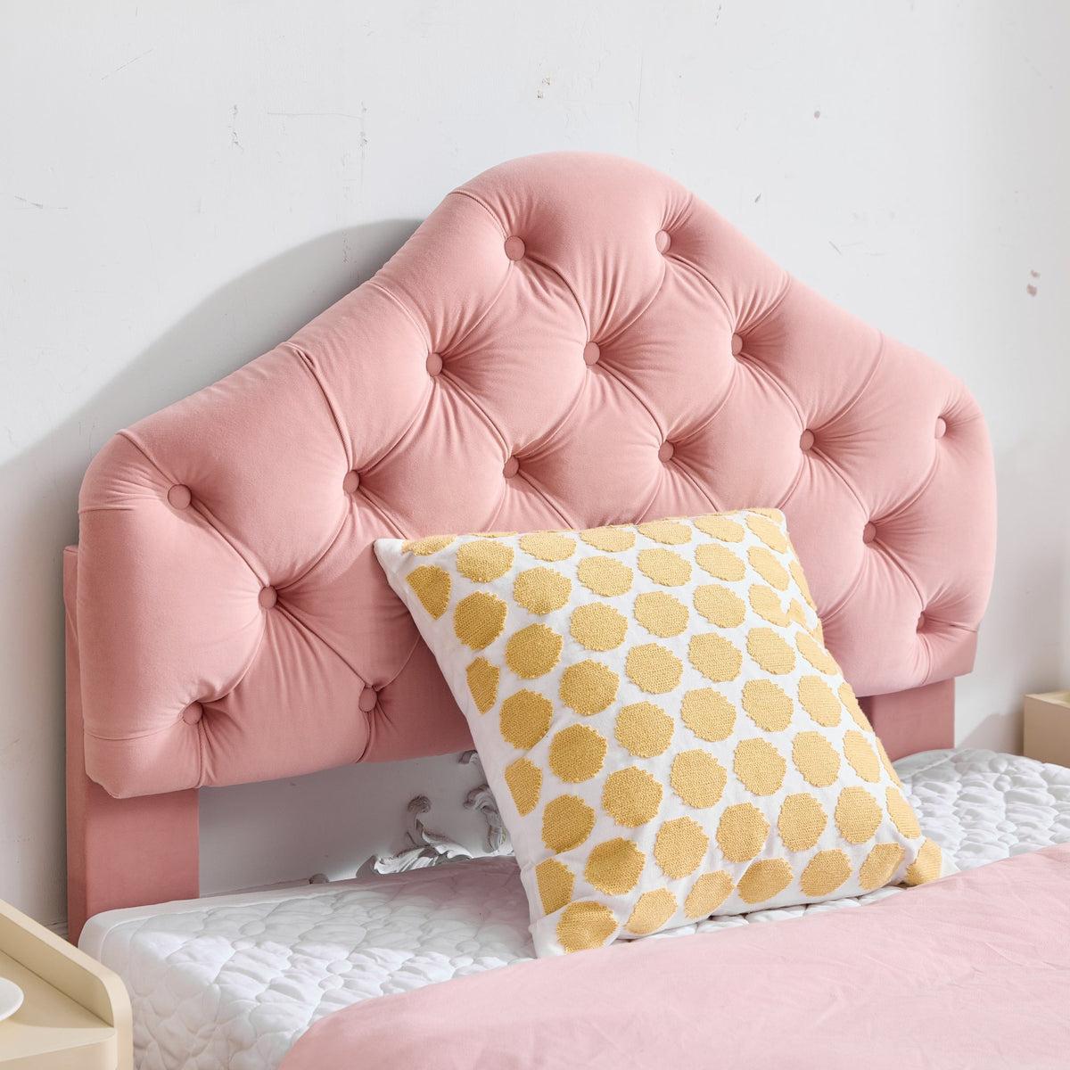 Upholstered Platform Bed Frame with Headboard, 90x200cm, Pink Velvet