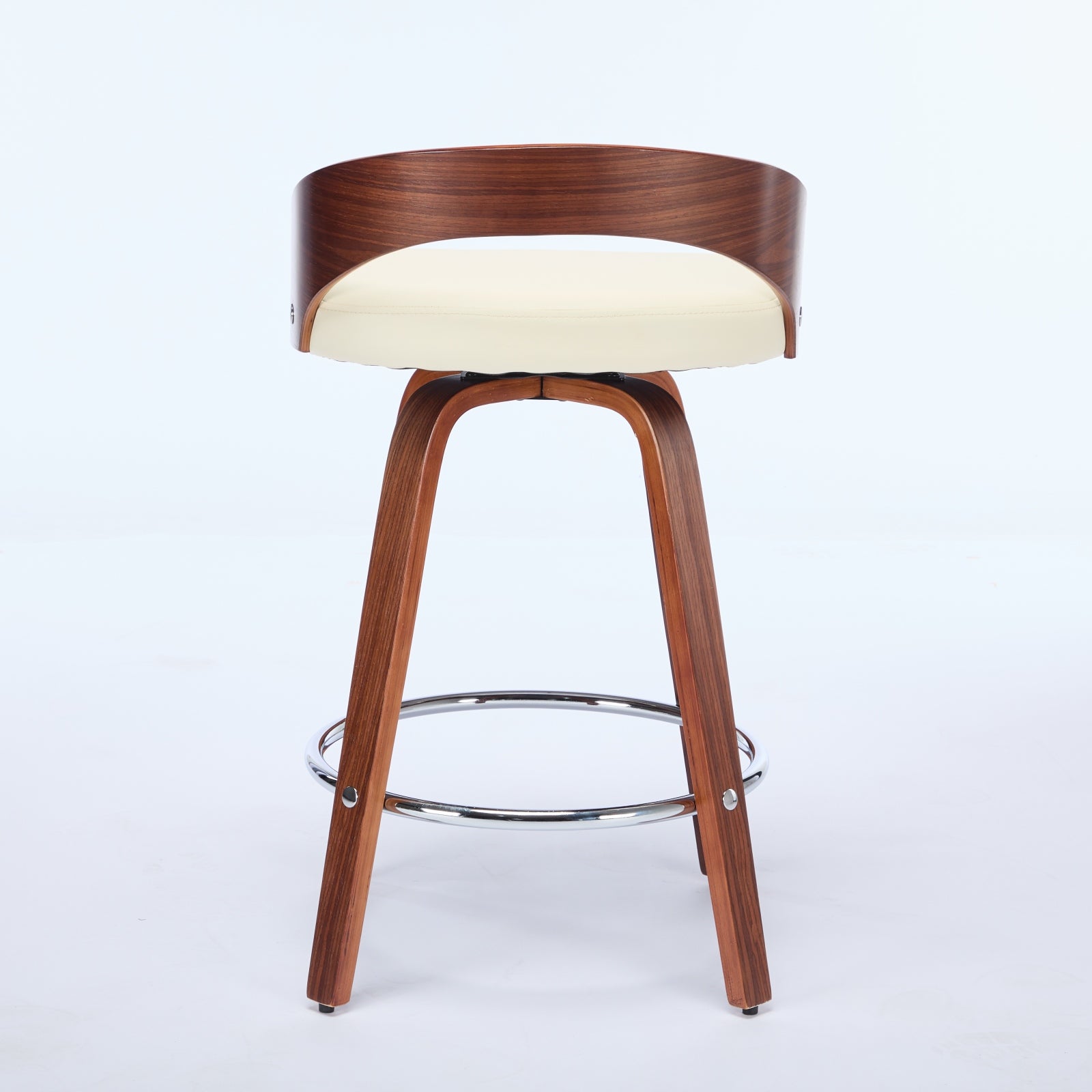 Bar Stools Set of 2, Swivel 63CM Counter Height Chairs with Low Back and Wood Legs, Beige Wood and Faux Leather