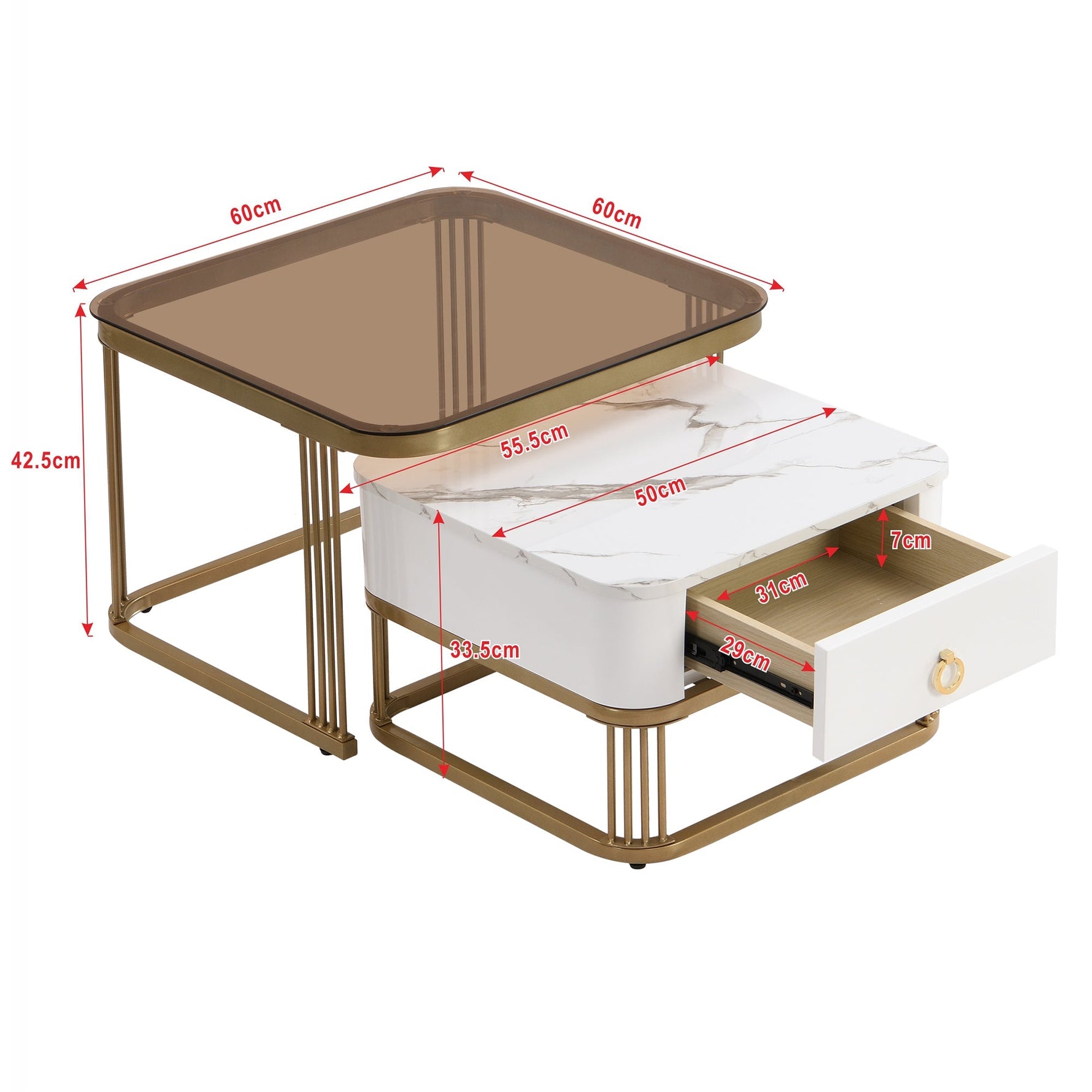 Stackable Coffee Table: High-Gloss Marble, Tea-Brown Glass, Gold Accents, Two-Piece Set