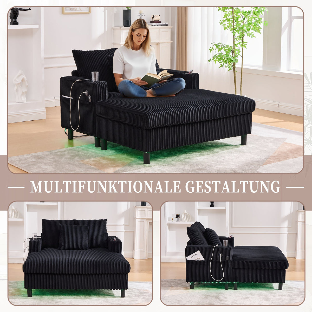 Chaise Longue Recliner, Soft with Cup Holders, USB Ports & LED Lighting