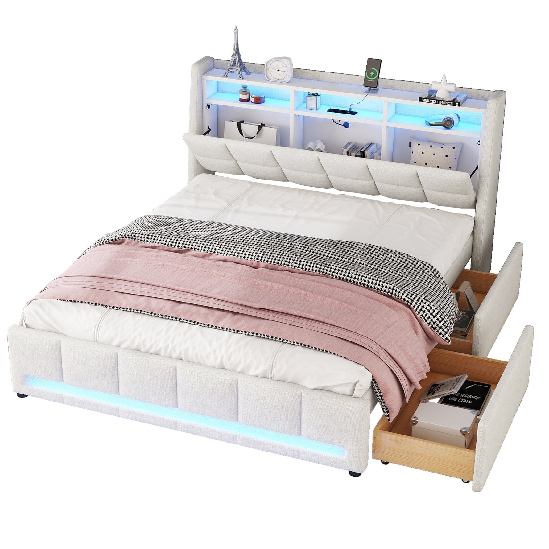 Upholstered Bed 140x200cm App Control LED Drawers USB/Sockets - Linen Beige