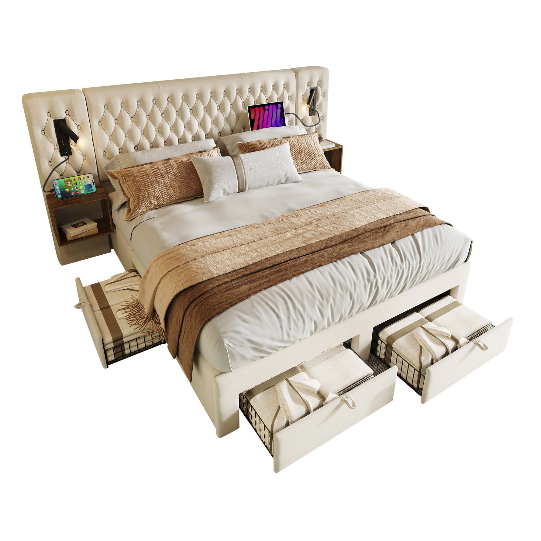 Bedroom Set, Upholstered Double Bed 160x200cm, 2 Nightstands, 4 Drawers, Headboard Reading Light with USB, Beige Velvet