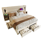 Bedroom Set, Upholstered Double Bed with 2 Nightstands & 4 Drawers, USB Reading Light, Beige Velvet