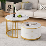 Elegant Nesting Coffee Table Set with Drawers, White Marble Look