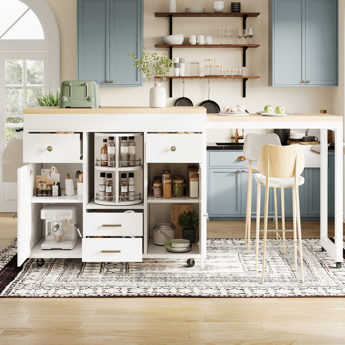 Modern Extendable Bar Table and Kitchen Trolley with Rotating Organizer and Adjustable Shelves, White
