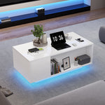 Coffee Table, Height-adjustable with Hidden Storage, LED Light & Drawer, White