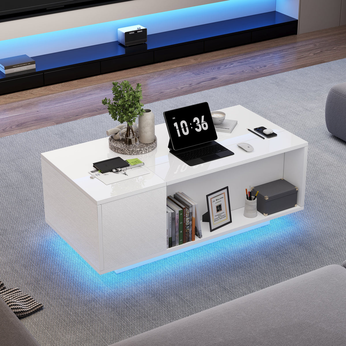 Coffee Table, Height-adjustable with Hidden Storage, LED Light & Drawer, White
