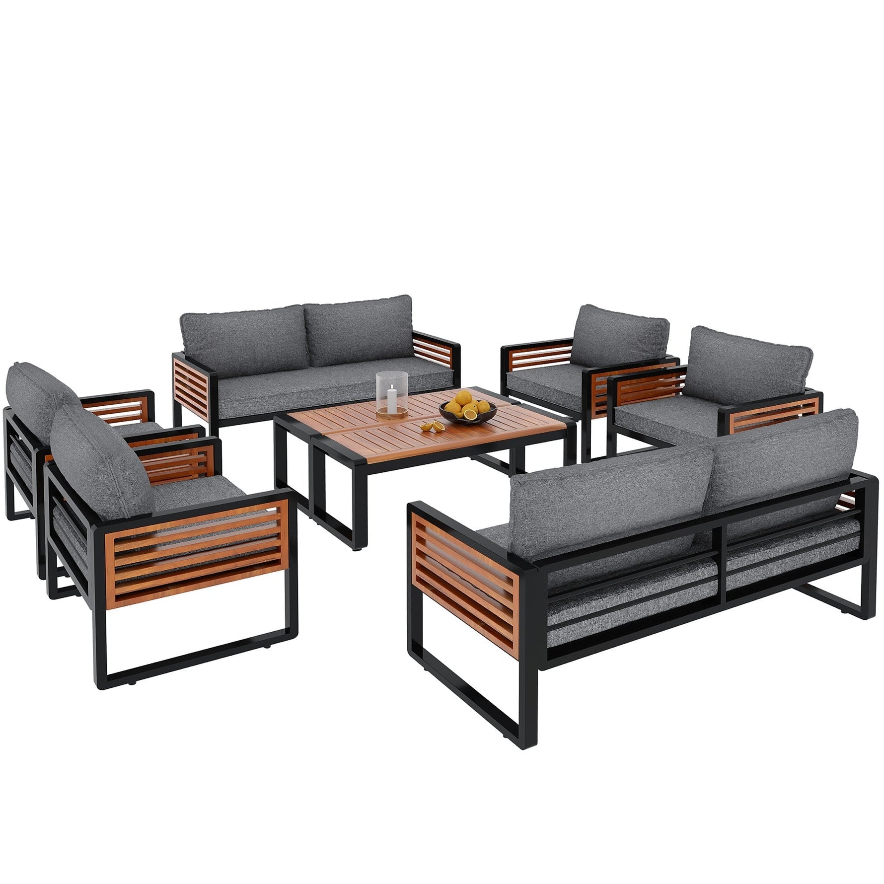 Garden Lounge Set 8-Piece Dining Set Galvanized Frame Wooden Armrests - Grey