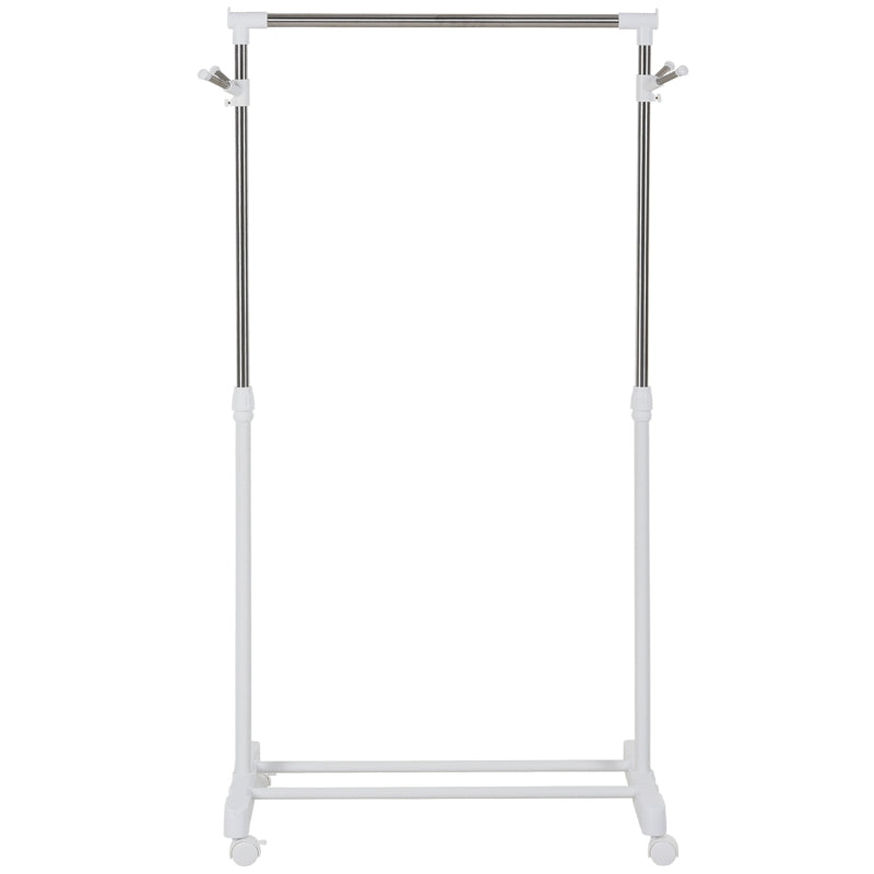 Rolling Coat Rack, Height-Adjustable with Bottom Shelf, 4 Wheels, White