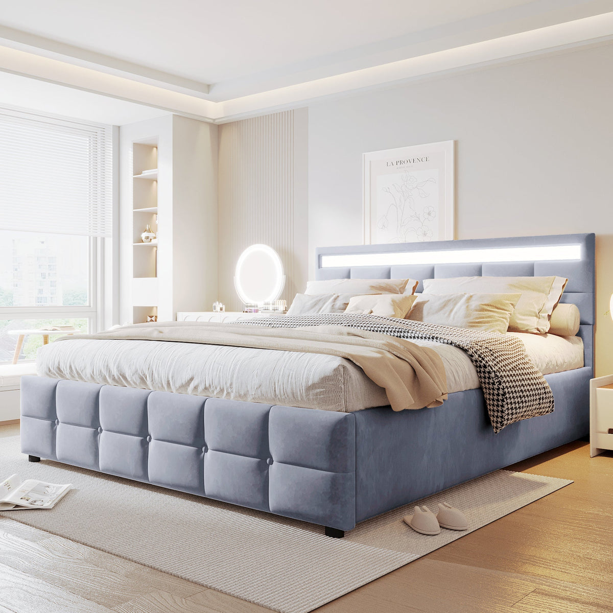 Upholstered Bed with LED Lights, Slatted Frame, Hydraulic, Dutch Velvet Fabric, Grey