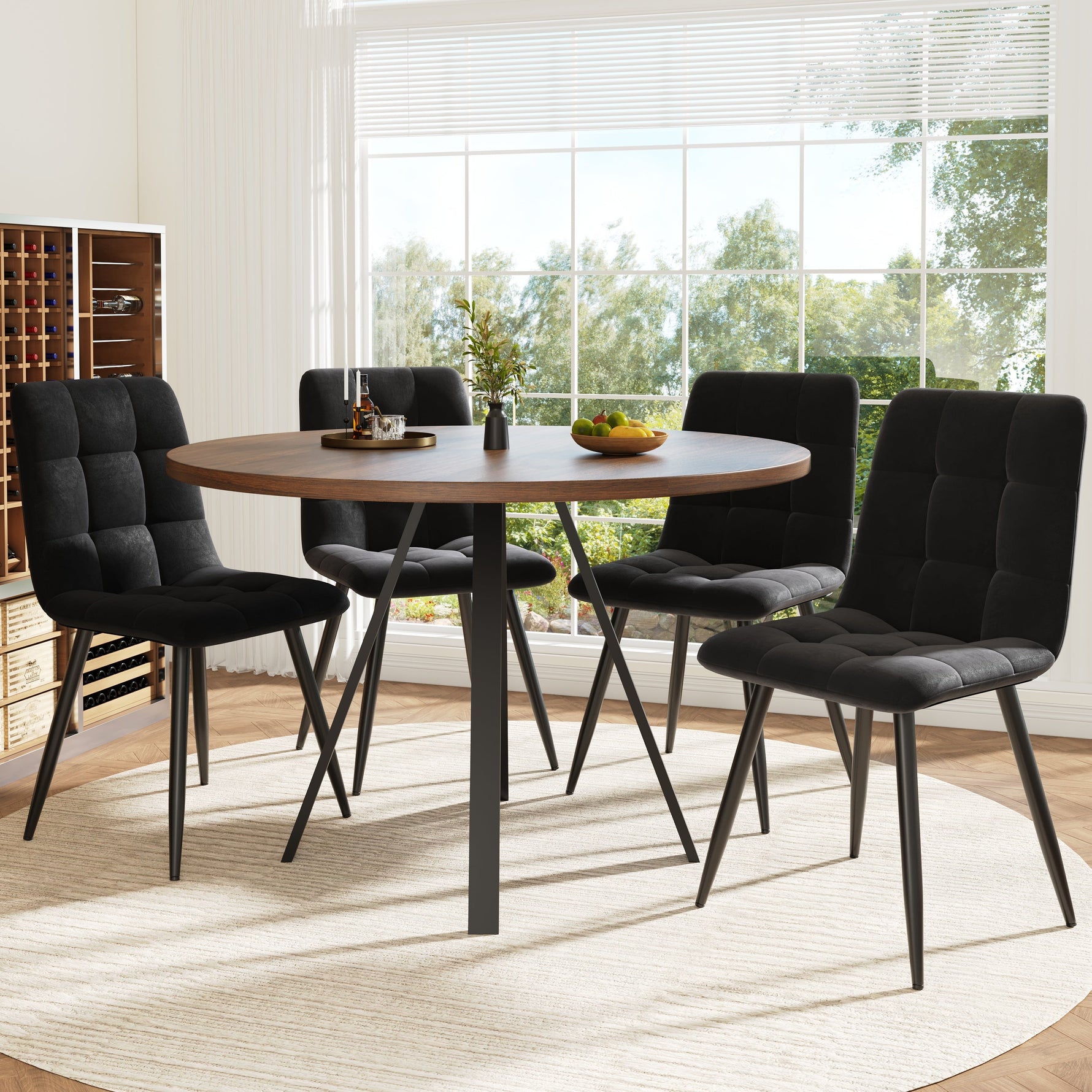 Dining Set 5-Piece Round Table 80cm 4 Chairs Velvet - Walnut/Black