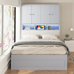 Multifunctional Wooden Bed 90x200cm, LED Storage Headboard, Grey