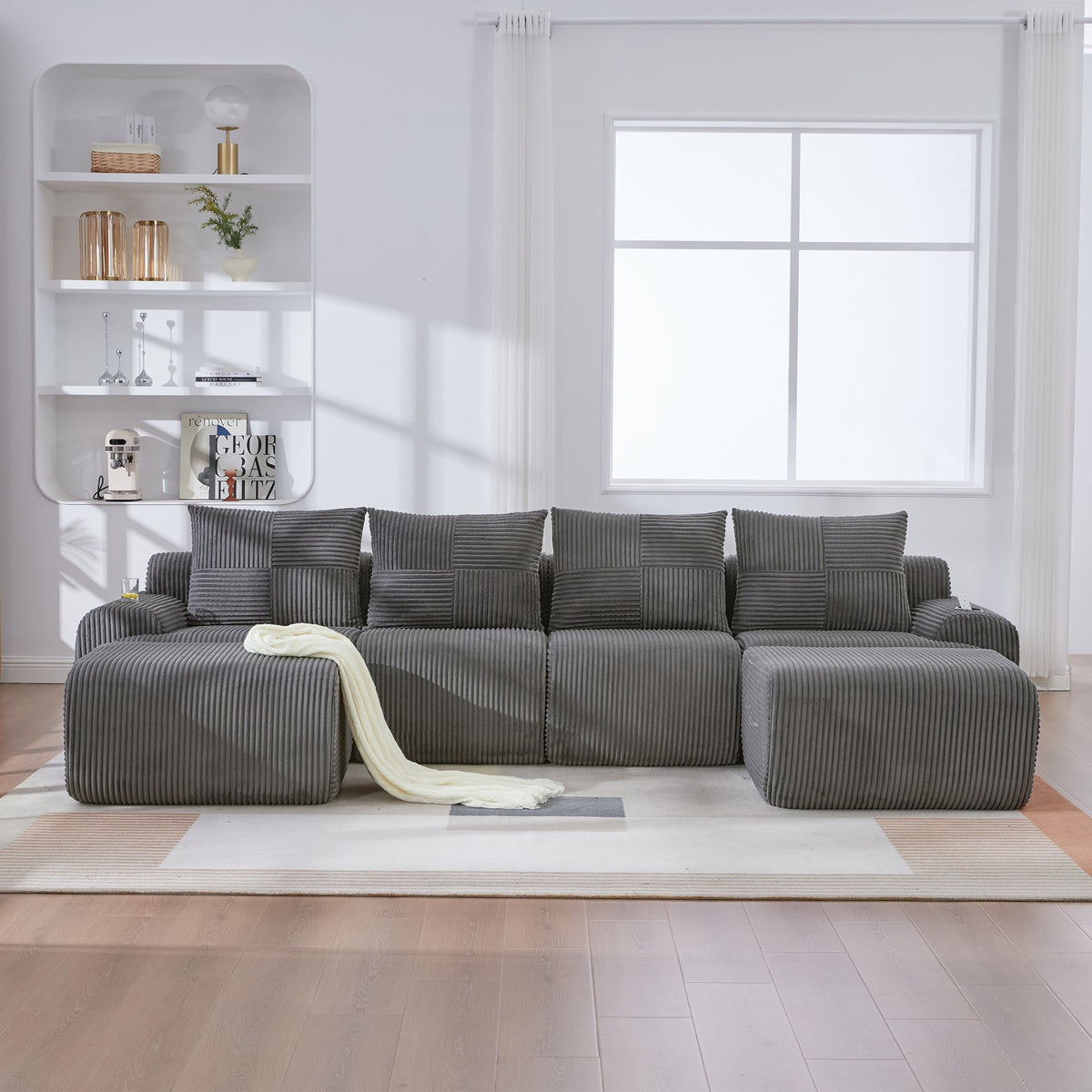 Modular 4-Seater Sofa with 2 Ottomans, Cup Holders and Storage Pocket, Dark Grey Corduroy