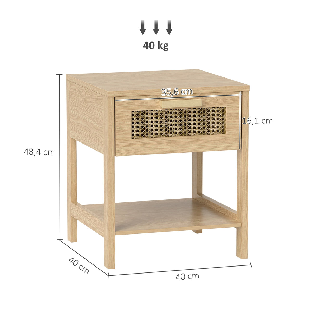 Bedside Table with Drawer, Open Shelf, Rattan Design, Natural