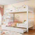 Bunk Bed with Stair Shelf and Two Storage Drawers, 90x200cm, White Pine Wood and MDF