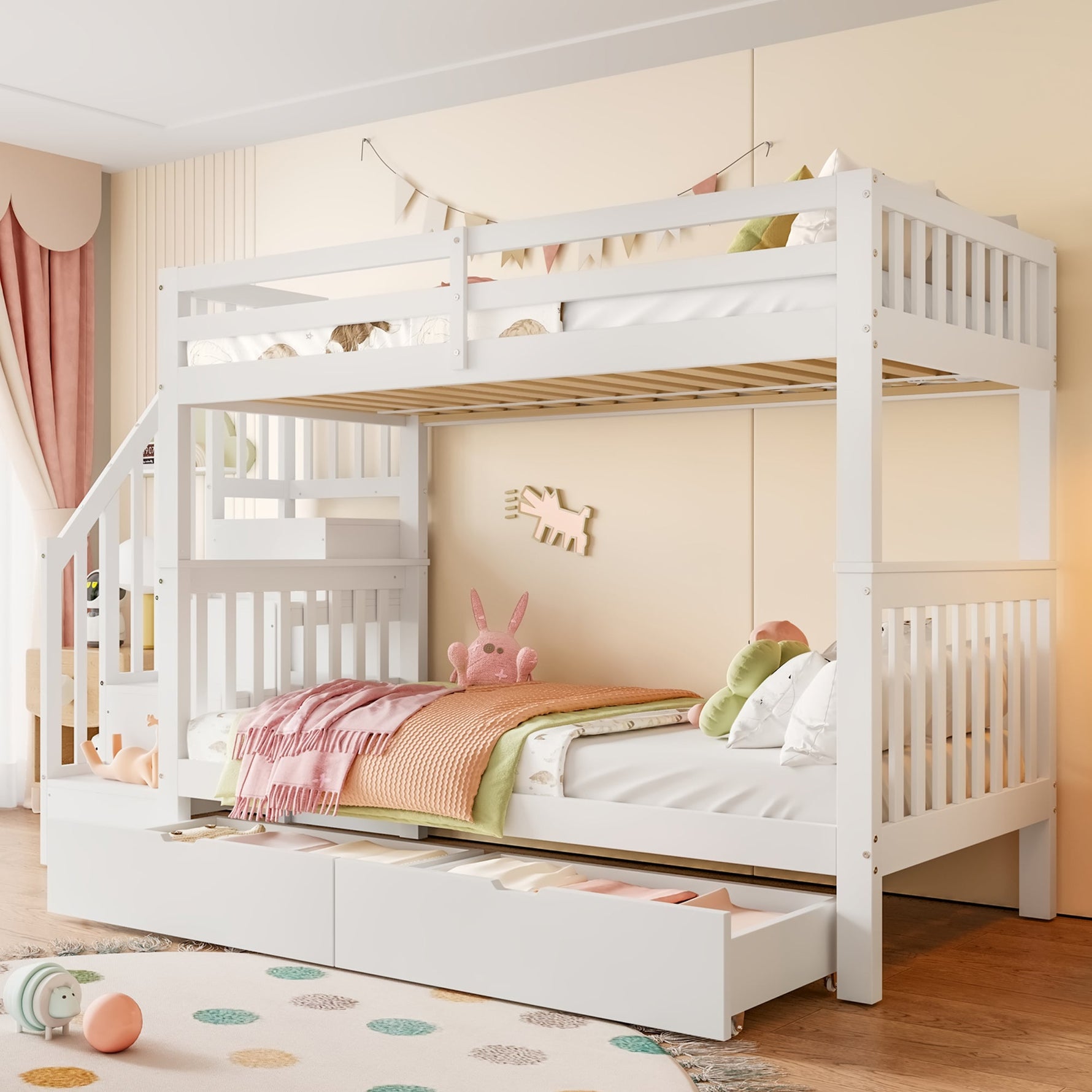 Bunk Bed with Stair Shelf and Two Storage Drawers, 90x200cm, White Pine Wood and MDF
