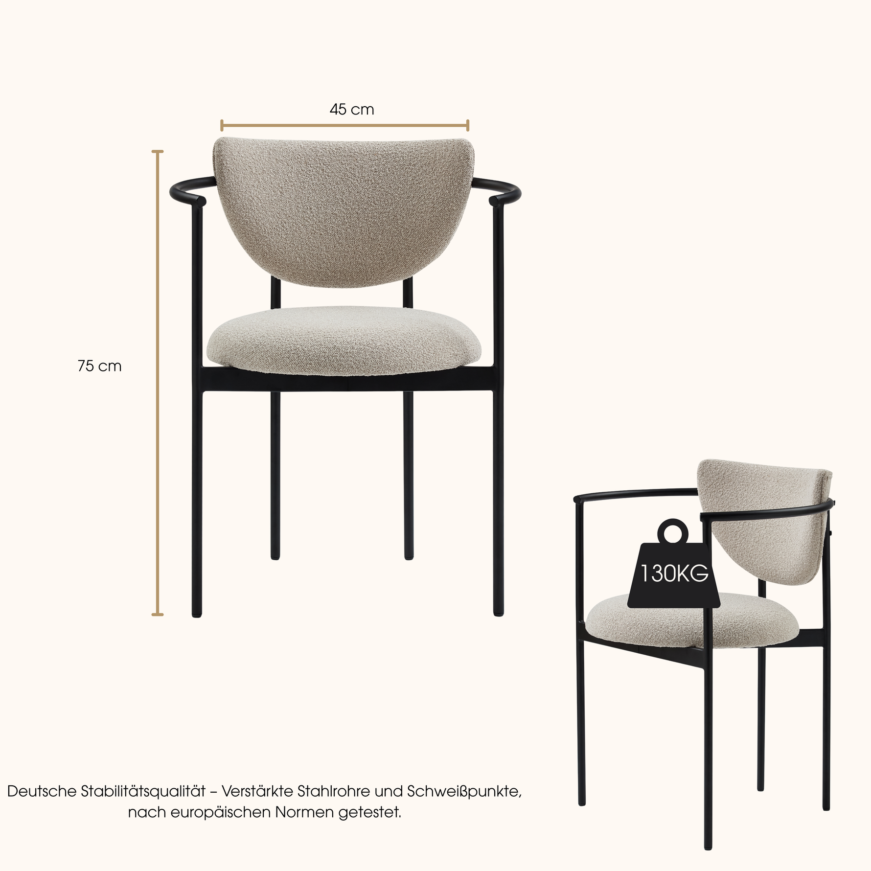 Lunar Dining Chair with Armrests, Ergonomic Set of 2 with Metal Frame, Khaki