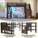 Loft Bed with Storage Steps and LED Light Strip, Black Iron Frame