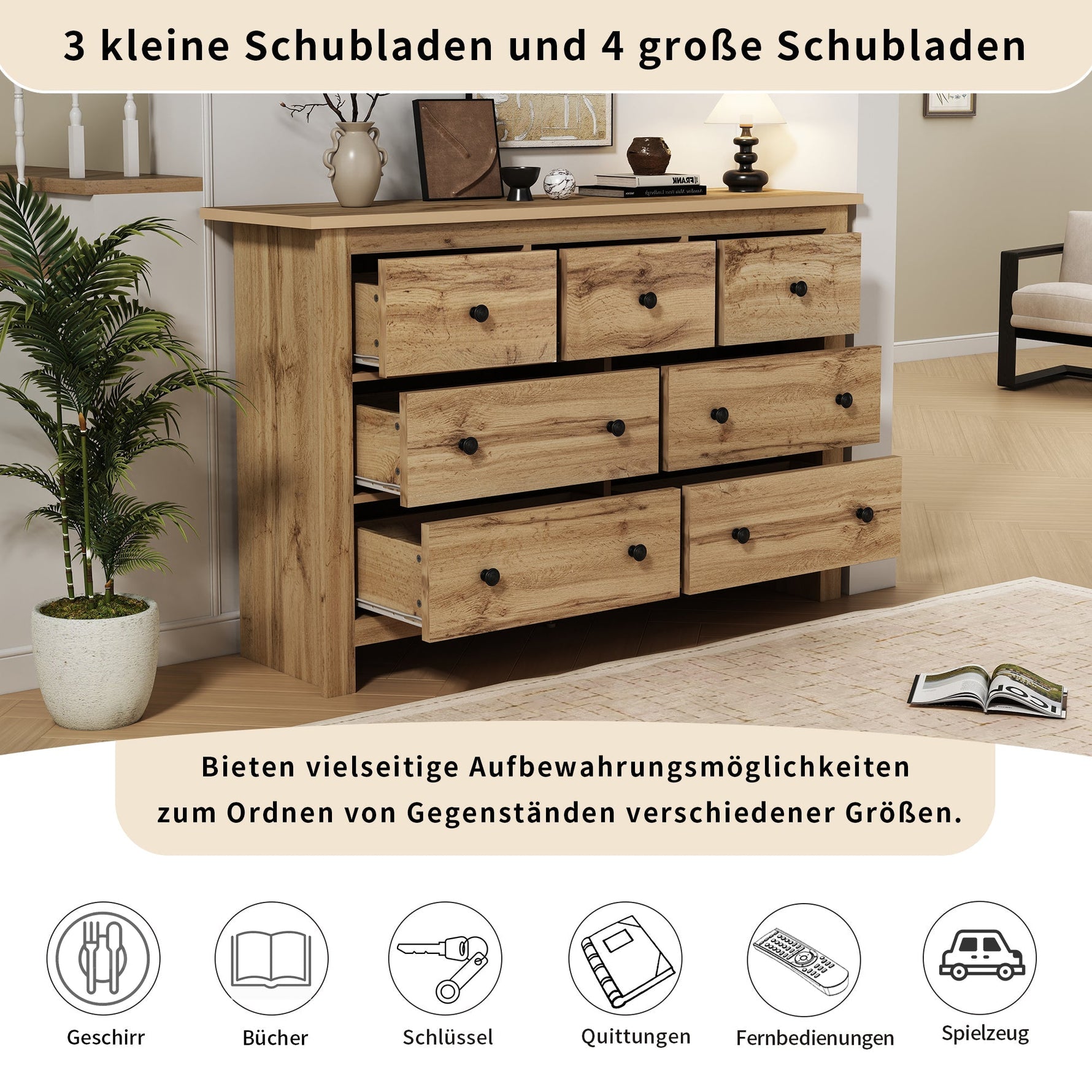 Dining Cabinet, Modern Minimalist Buffet with 7 Drawers, Original Wood