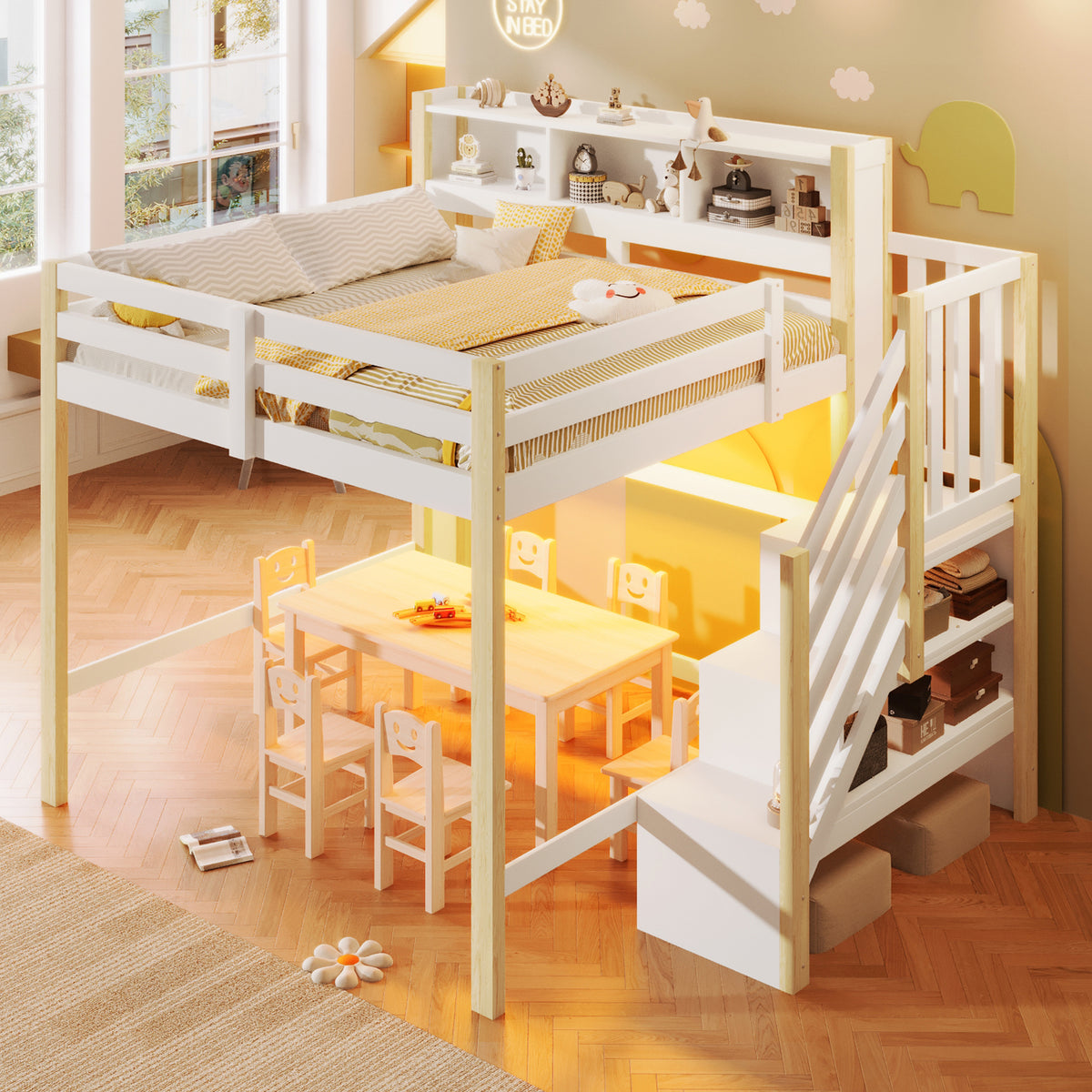 Loft Bed 140x200cm with LED Lights & Storage - White & Natural