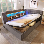 Upholstered Double Bed with LED, Hydraulic Storage and L-Shaped Headboard, 140x190cm, Grey Linen Fabric