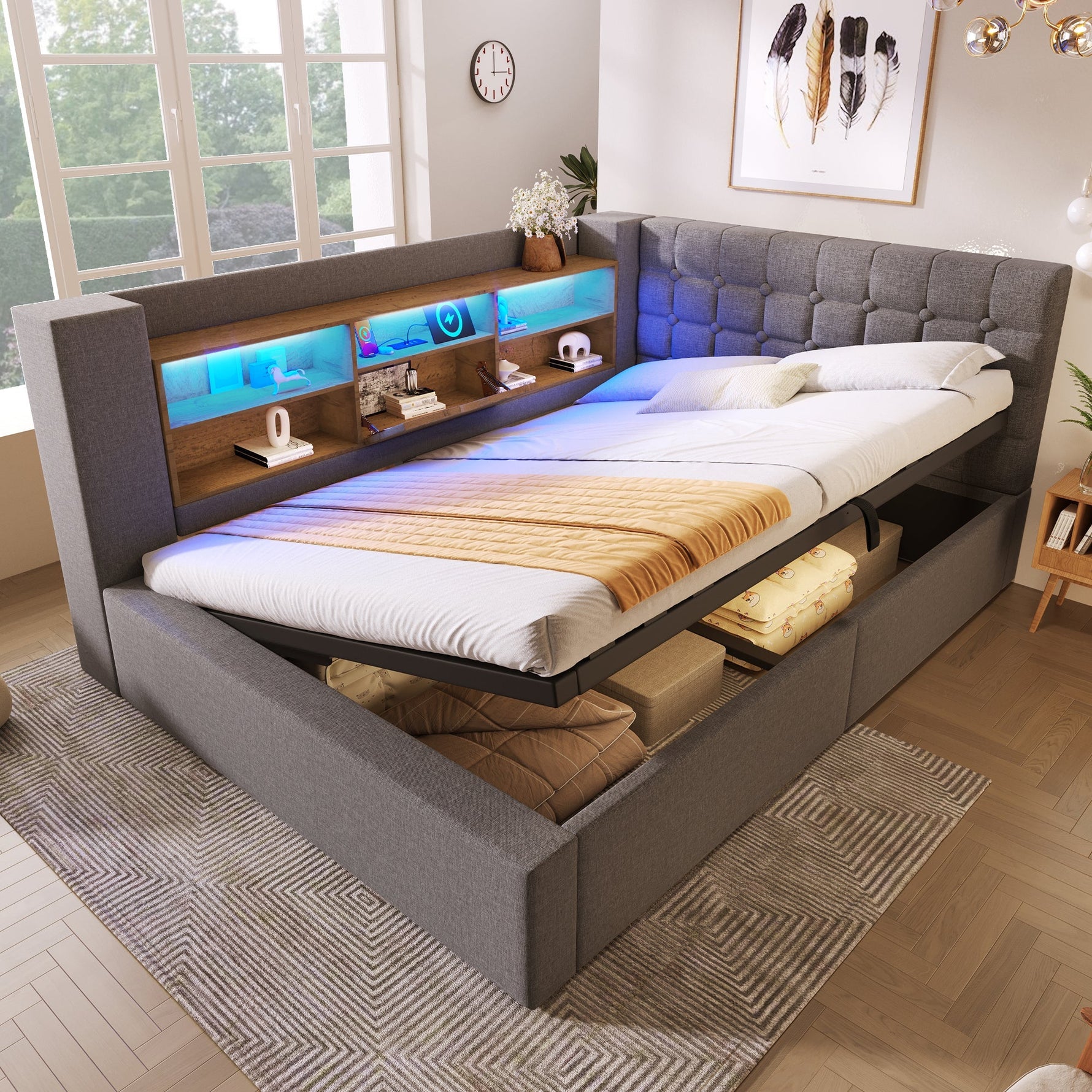 Upholstered Double Bed with LED, Hydraulic Storage and L-Shaped Headboard, 140x190cm, Grey Linen Fabric