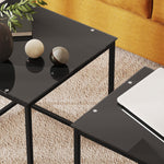 Side Table Set of 2, Coffee Table with Glass Top, Square, Black Steel